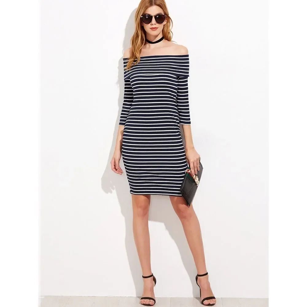 Navy & White Striped Off The Shoulder Ribbed Dress
